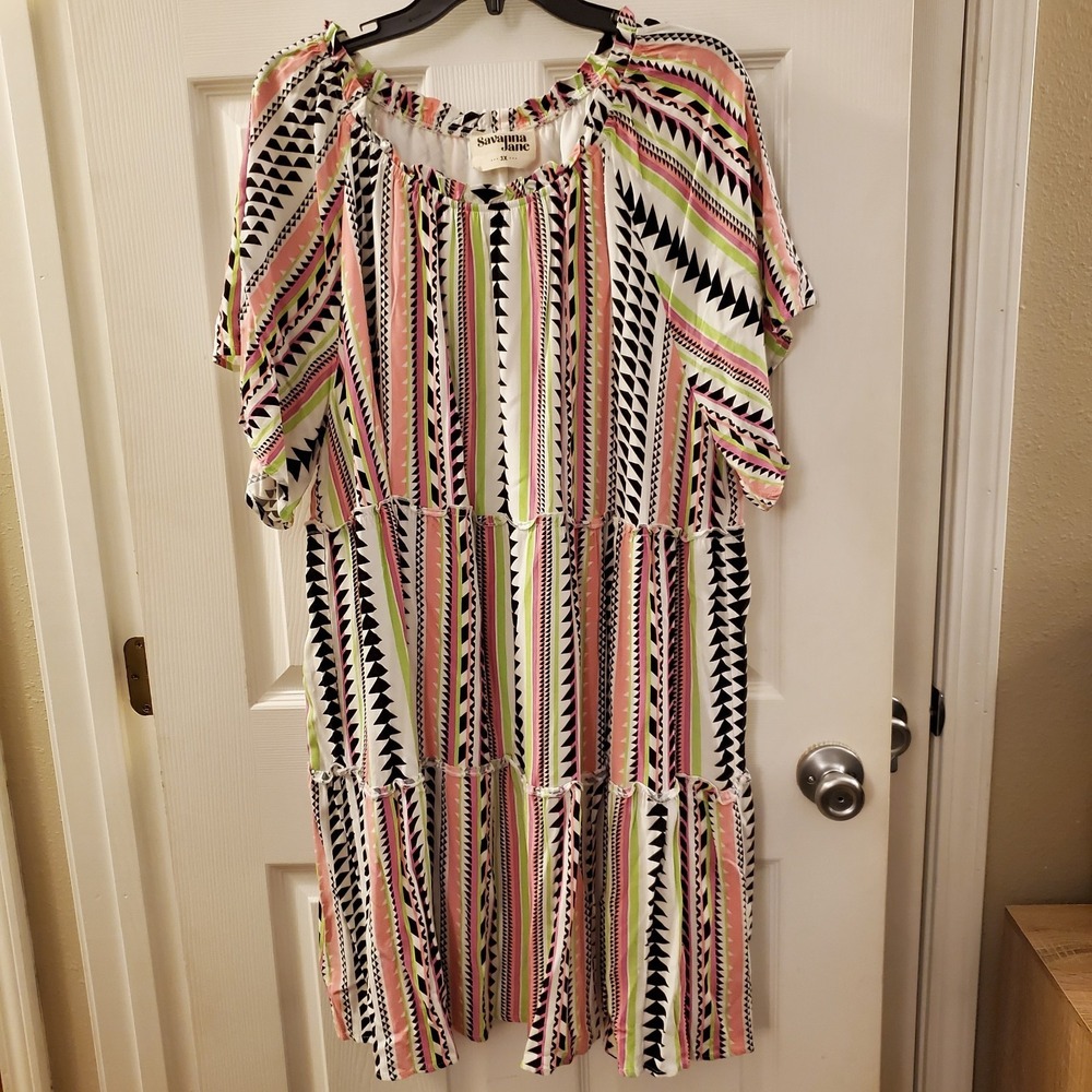 Savanna Jane sz 3X tiered shift dress short slv line retro print colorful casual